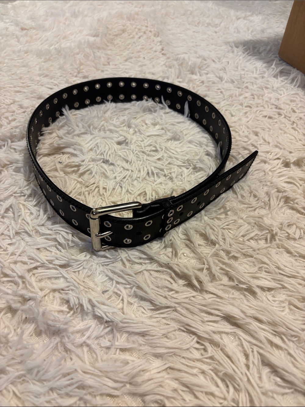 Guess Black Double-Row Grommet Leather Belt with Silver Hardware